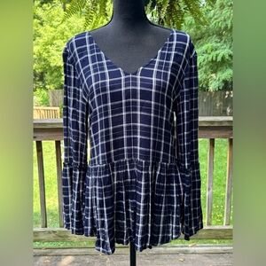 Maurices Navy Checkered Blouse with Flared Sleeves medium